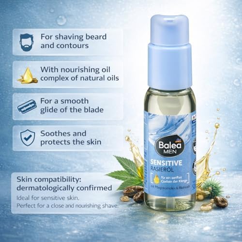 Balea MEN Sensitive Shaving Oil for Men Beard & Contour Natural Oil Complex with Castor Oil Soothes & Protects Sensitive Skin Smooth Glide Formula 50 ml