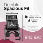 Dynarex Bariatric Reclining Wheelchair with Elevating Leg Rests - 24" Wide Seat - Manual Wheelchair with Anti Tippers, Padded Armrests, Foldable - 500 lbs Capacity - 1 Count