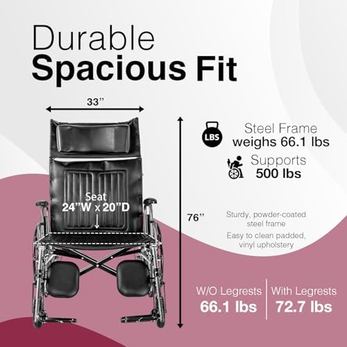 Dynarex Bariatric Reclining Wheelchair with Elevating Leg Rests - 24" Wide Seat - Manual Wheelchair with Anti Tippers, Padded Armrests, Foldable - 500 lbs Capacity - 1 Count