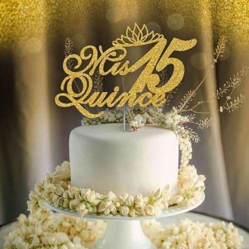 Mis Quince 15 Quinceanera Glitter Cake Topper, Fifteen Birthday Party Decorations Ideas, Premium Quality Decoration, Sturdy Doubled Sided Glitter, Acrylic Stick. Made in USA (Gold)