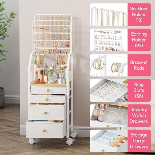SWTYMIKI Large Jewelry Organizer Stand - Multifunctional Rack Tower for Necklace, Earring, Ring & Bracelet Display - Moveable Storage Jewelry Holder Stand with 4 Nonwoven Drawers for Bedroom White