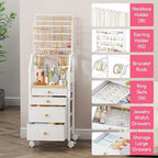 SWTYMIKI Large Jewelry Organizer Stand - Multifunctional Rack Tower for Necklace, Earring, Ring & Bracelet Display - Moveable Storage Jewelry Holder Stand with 4 Nonwoven Drawers for Bedroom White