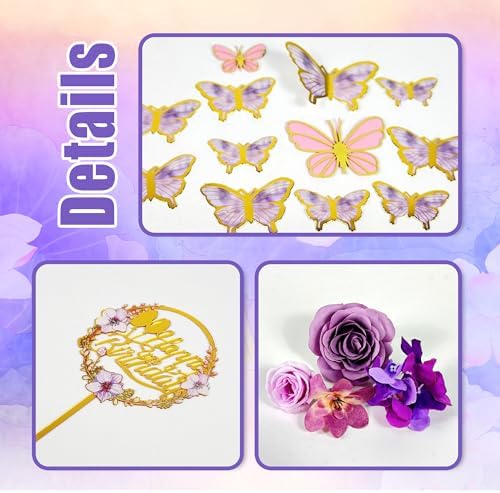 Flower Cake Topper Purple Cake Decorations with Artificial Flowers Butterfly Balls for Wedding Birthday