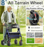 HOMLAND Walkers for Seniors with Seat, Foldable Rollator Walker, Reinforced Aluminum Frame, 8" Big Rubber Wheels for All Terrain, Height Adjustable Lightweight Rolling Walker, Dark Blue