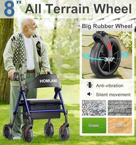 HOMLAND Walkers for Seniors with Seat, Foldable Rollator Walker, Reinforced Aluminum Frame, 8" Big Rubber Wheels for All Terrain, Height Adjustable Lightweight Rolling Walker, Dark Blue