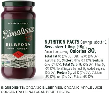 Bionaturae Organic Bilberry Fruit Spread - Jelly Organic, Non-GMO, USDA Certified, No Sugar Added, No Preservatives, Organic Fruit Jam, Jam Organic, Made in Italy - 9 Oz