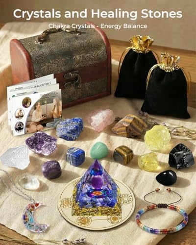 Crystals and Healing Stones Set - Chakra Crystals Gift for Women, Thumb Worry Stones, Chakra Bracelets, 7 Chakra Stones Set, Orgone Pyramid for Positive Energy Balance, Birthday Gifts for Women