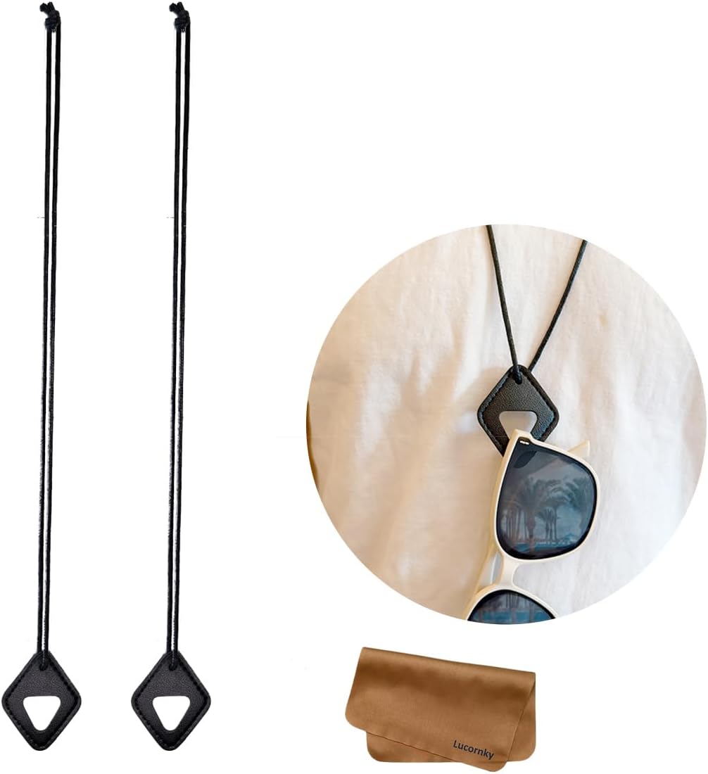 2 Pack Leather Glasses Holder Necklace, Hands-Free Eyewear Holder Lanyard for Sunglasses & Reading Glasses, Stylish Diamond-Shaped PU Leather Pendant, Retainer Eyeglass Hanger