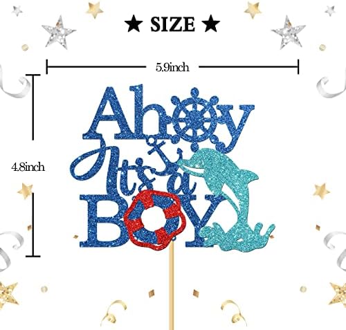 INNORU Ahoy it's a Boy Cake Topper - Ship Anchor Nautical Theme Cake Decor, Boy 1st Birthday, Gender Reveal, Oh Boy Party Cake Decorations Supplies, Navy Blue Glitter