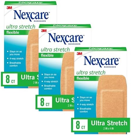 Nexcare Soft 'n Flex Bandages, 2" x 4" Flexible Fabric, Knee & Elbow Size, 8 Count per Box (Pack of 3, 24 Bandages Total)