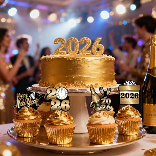 36Pcs Happy New Year Cupcake Toppers 2026 New Years Eve Party Decorations Picks Black Gold 2026 New Years Eve Party Supplies