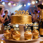 36Pcs Happy New Year Cupcake Toppers 2026 New Years Eve Party Decorations Picks Black Gold 2026 New Years Eve Party Supplies