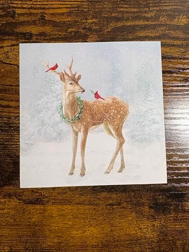 IHR Ideal Home Range Cocktail Napkins Disposable 3-Ply Paper Party Napkin Pack, 5" x 5", Deer In Snow (Blue), 20-Count