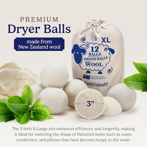 Handy Laundry Wool Dryer Balls - Natural Fabric Softener, Reusable, Reduces Clothing Wrinkles and Saves Drying Time, Better Alternative to Plastic Balls and Liquid Softener (Pack of 12)