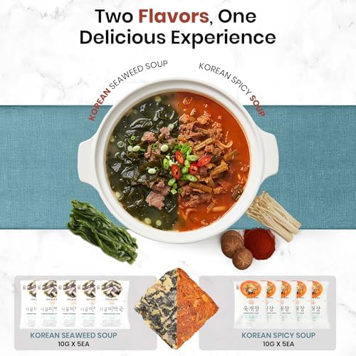 Korean Freeze Dried Instant Soup Multi-Pack (Seaweed Soup 10g × 5ea) + (Korean spicy soup 10g × 5ea) Easy cooking Individual packaging 한국 전통 국, 미역국 Miyeokguk, 육개장 Yukgaejang (10ea (Seaweed 5ea + Spicy 5ea), Multi-Pack (Seaweed / Spicy Soup))