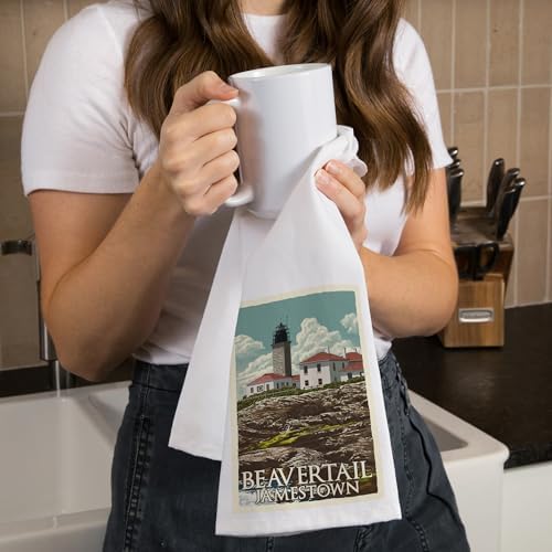 Jamestown, Rhode Island, Letterpress, Beavertail Lighthouse (100% Cotton Tea Towel, Decorative Hand Towel, for Kitchen and Home)