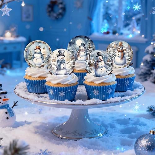 24Pcs Edible Christmas Snowman Cupcake Toppers Wafer Paper Merry Christmas Themed Party Decorations Picks for Birthday Party Cake Decorations