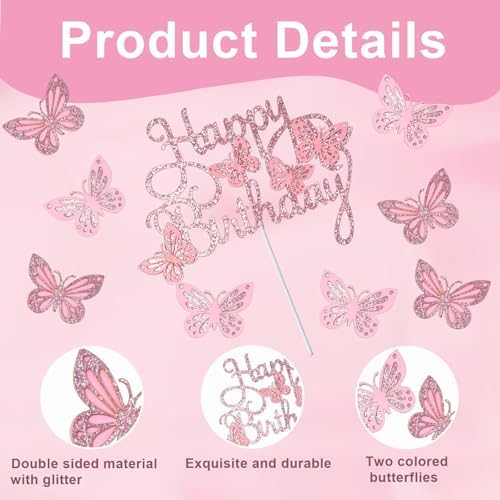 13PCS Butterfly Cake Toppers, 3D Pink Glitter Butterfly Cake Decorations for Wedding, Anniversary, Baby Shower, Birthday Party