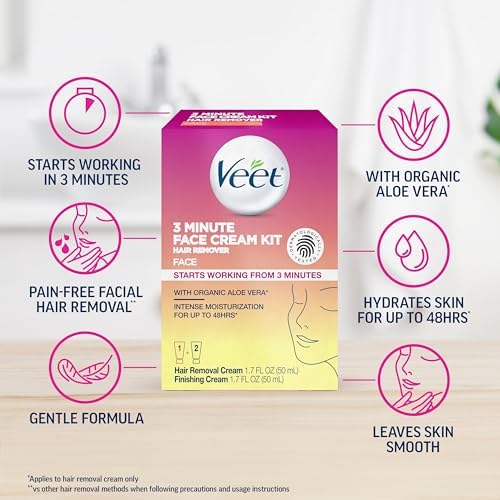 Veet 3 Minute Facial Hair Removal Cream for Women, Depilatory Cream with Organic Aloe Vera, 2 Piece Women's Facial Hair Remover Kit, 1.7 Fl Oz Hair Removal Cream + 1.7 Fl Oz Finishing Cream