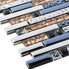 Hominter Metallic Glass Tile Rose Gold, Silver & Ink Blue Interlocking Linear Mosaic for Kitchen Backsplash, Bathroom Walls, Fireplace Surrounds & Accent Decor (3x12 Sample)