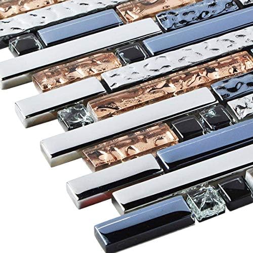 Hominter Metallic Glass Tile Rose Gold, Silver & Ink Blue Interlocking Linear Mosaic for Kitchen Backsplash, Bathroom Walls, Fireplace Surrounds & Accent Decor (3x12 Sample)