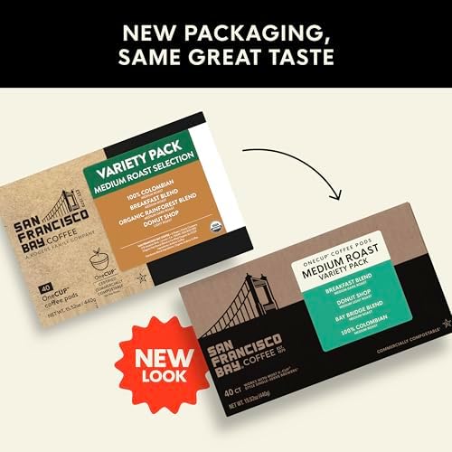 San Francisco Bay K-Cup Coffee Pods Medium Roast Variety Pack (40 ct), Includes 100% Colombian, Donut Shop, Breakfast Blend, & Organic Rainforest Blend, Commercially Compostable Single-Serve Coffee Pods