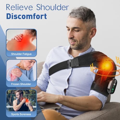 Cordless Shoulder Heating Pad, Heated Shoulder Wrap with 3 Massage Modes, Heated Shoulder Brace for Pain Relief Shoulder Massager for Men Women (Black)