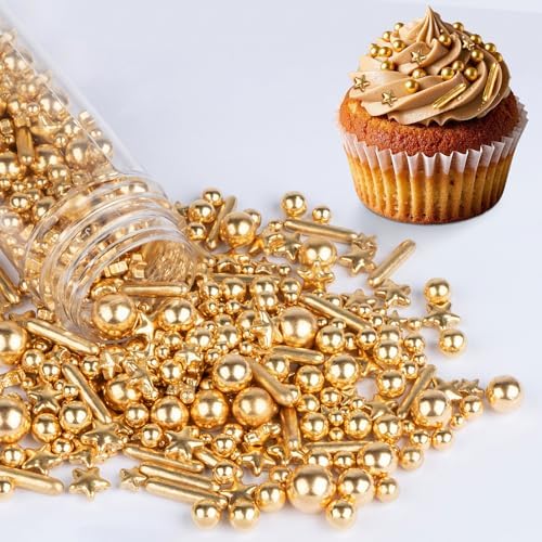 Gold Pearl Sprinkles,Edible Pearl Stars Rods Sugar Candy,130g,Golden Sprinkle Mix Size,Baking Cake Decorations,Cupcake Toppers,Cookie Donuts Ice Cream,Holiday Birthday Wedding Party Mother's Day Supplies