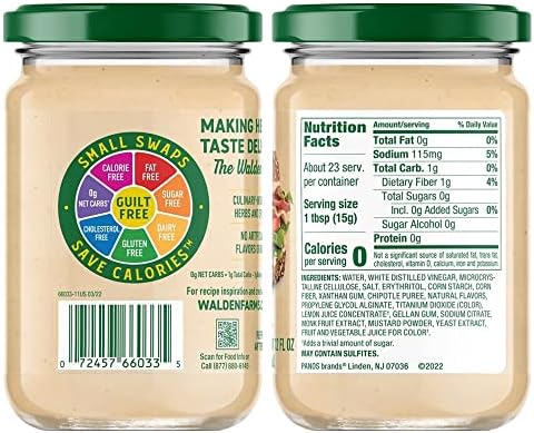 Walden Farms Chipotle Mayo – Zero Calorie, Sugar Free, Keto & Fat Free Spicy Vegan Mayonnaise Alternative for Sandwiches, Wraps & Dips – 12 oz Jar