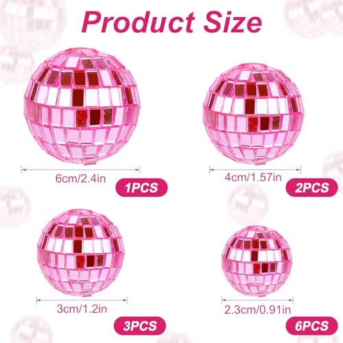 12pcs Disco Ball Cake Toppers, 4 Sizes Disco Theme Cake Toppers Disco Ball Cupcake Decorations Dessert Accessories for Birthday Cake 70s Theme Party Favor(Pink)