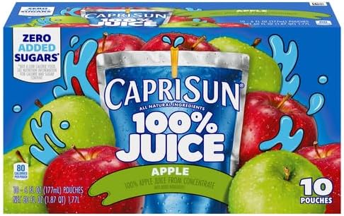 Capri Sun 100% Juice Apple All-Natural Juice from Concentrate with added ingredients, 10 ct Box, 6 fl oz Pouches