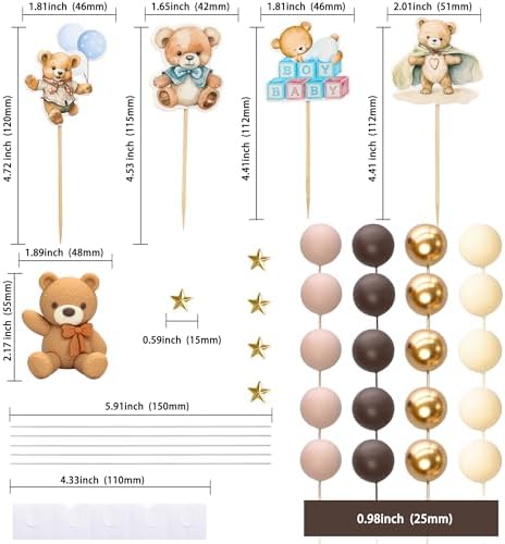Gyufise 38Pcs Bear Cake Toppers Bear Balls Cake Decorations with Stars Cake Toppers Gold Brown Khaki Balls Decorations for Boy Girl Baby Shower Birthday Party Decorations Brown