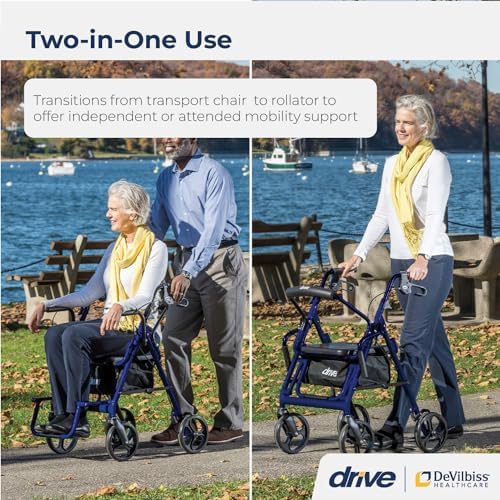 Drive Medical 795B Duet Folding Transport Wheelchair and Rollator Walker, Blue
