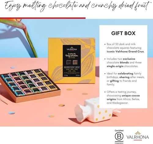 Valrhona Gourmet Assorted Chocolate Gift Box, 50 Dark & Milk French Chocolate squares - Tulakalum 75%, Guanaja 70%, Manjari 64%, Bahibé 46% and Jivara 40%. Perfect Birthday Chocolate Gift Set For Her