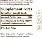 Solgar Pantothenic Acid 550 mg Vegetable Capsules Vitamin B5 Energy Metabolism Nervous System Support Gluten Free Dairy Free Kosher Servings, Standard Packaging, 100 Count