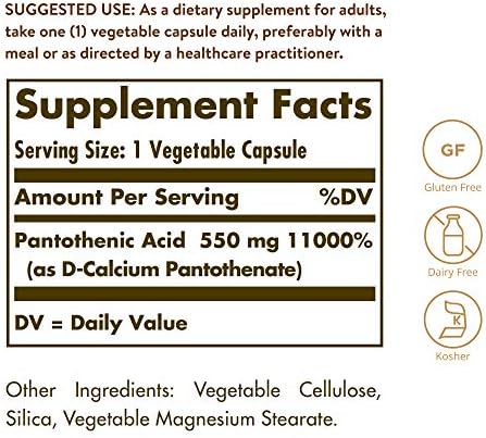 Solgar Pantothenic Acid 550 mg Vegetable Capsules Vitamin B5 Energy Metabolism Nervous System Support Gluten Free Dairy Free Kosher Servings, Standard Packaging, 100 Count