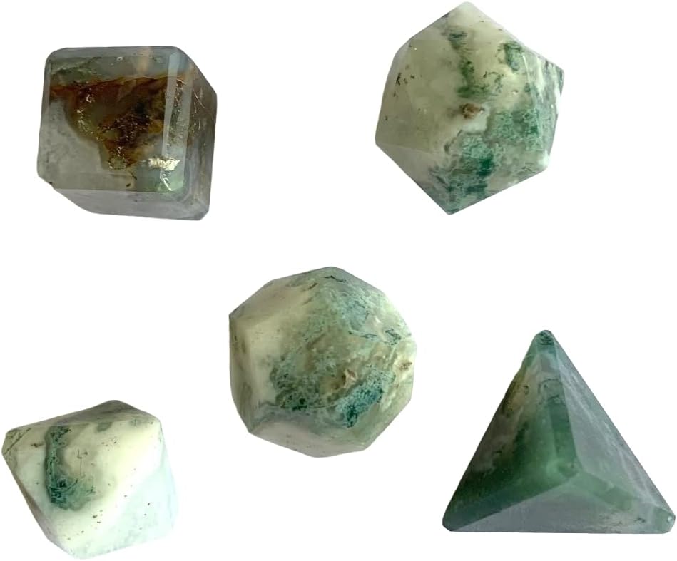 Moss Agate 5 pc Geometry Set Platonic Sacred Solid Stone Crystal Healing Reiki Feng Shui Positive Energy Handcrafted