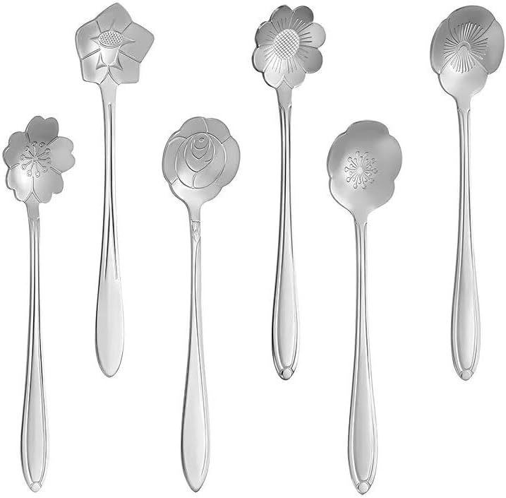 6 PCS Silver Flower Spoon Set 4.92 inch Stainless Steel Coffee Ice Cream Sugar Stirring Dessert Drink Spoons Tableware Home Kitchen Restaurant
