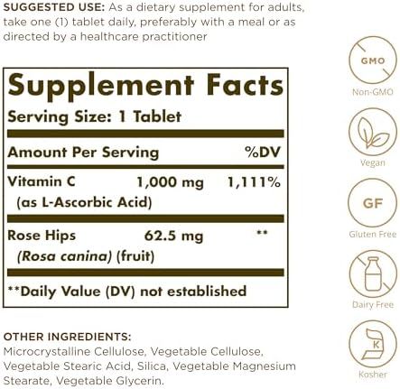 Solgar Vitamin C 1000 mg with Rose Hips - 100 Tablets - Antioxidant & Immune Support - Non-GMO, Vegan, Gluten Free, Dairy Free, Kosher - 100 Servings