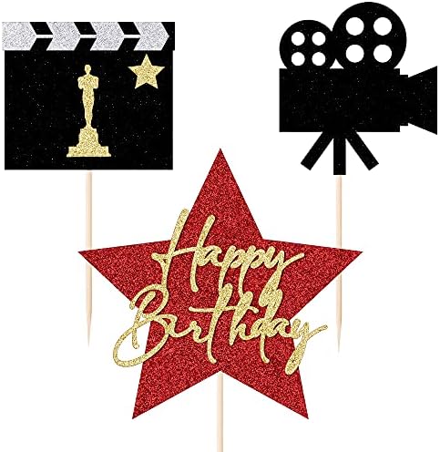 Happy Birthday Movie Cake Topper,Movie Night Cupcake Toppers Decoration,Hollywood theme Cake Party Decoration.