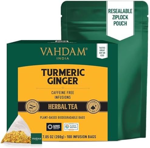 VAHDAM Organic Turmeric Ginger Herbal Tea Bags (100 Pyramid Tea Bags) Caffeine Free, Non GMO | 100% Pure Herbal Blend - Savory & Spicy, Plant-Based Teabags | Resealable Ziplock Pouch