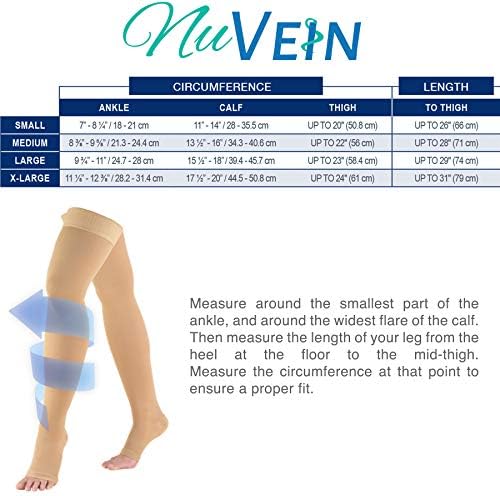 NuVein Medical Compression Stockings, 15-20 mmHg Support, Women & Men Thigh Length Hose, Open Toe, Beige, X-Large