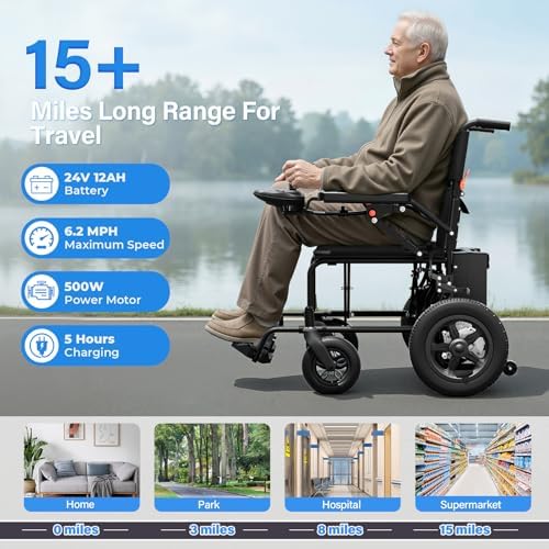 Electric Wheelchairs for Adults Foldable, 15 Miles Long Travel Range Powered Wheelchair, 500W Motorized Wheelchair, Max Support 330 Lbs, All Terrain Lightweight Portable Electric Wheelchair for Senior