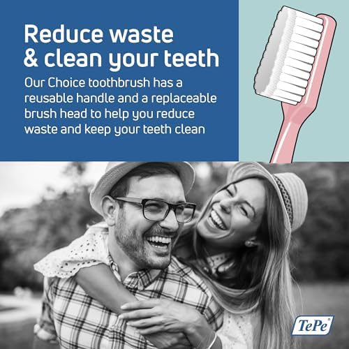 TePe Choice Toothbrush, Soft, Pink, 1pc Wooden Handle 3pcs Brush Heads, Soft Bristle Toothbrush, Good for Teeth Cleaning and Plaque Removal
