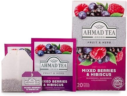 Ahmad Tea Herbal Tea, Mixed Berries & Hibiscus Teabags, 20 ct (Pack of 1) - Decaffeinated & Sugar-Free