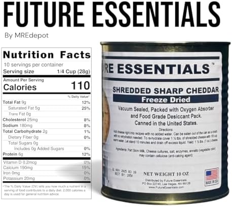 Future Essentials Freeze Dried Shredded Sharp Cheddar Cheese – Real Dairy Shredded Cheddar Cheese – Long Shelf Life Emergency Food – Easy to Use in Recipes & Made in the USA – 10 oz #2.5 Can, 1-Pack