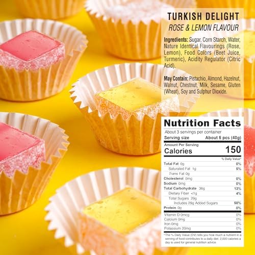 Hazer Baba Turkish Delight Candy, Rose & Lemon Flavored, 4.4 Oz (Pack of 1), Gourmet Snack Box, Traditional, Vegan Snack, Turkish Lokum, Unique Sweets, Loukumi, Delicias Turcas, Halal, Kosher