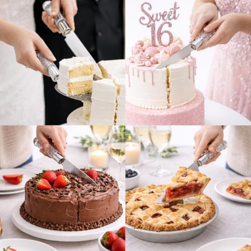 Adorox Elegant Cake Knife and Server Set Stainless Steel with Crystal Handle - Perfect for Weddings Anniversaries,and Special Celebrations (Sliver)