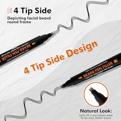 3-Pack Beard Pencil Filler for Men (Black), Four-fork Tip Beard Styling Pen, Waterproof Sweat Proof Long Lasting Beard Pencil,Effectively Enhances Facial Hair