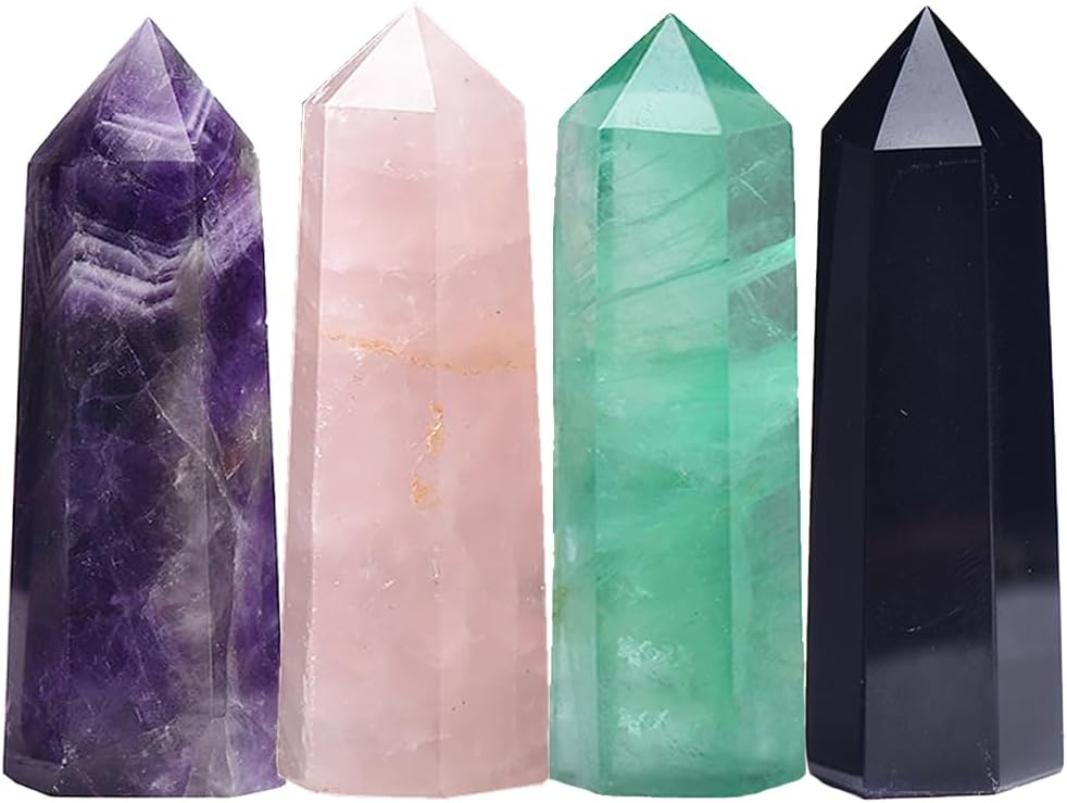 4PCS 1.96-2.75" Natural Crystals Tower Figurine Ornaments Polishing Rose Quartz Amethyst Stone Hexagonal Point Wand Obelisk Statue for Aquarium Decorative Rocks Gifts Home Decor(1.96-2.75inch 4pcs)